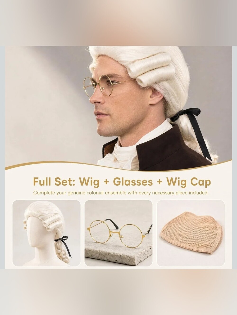 Mens Judge Colonial Wig with Glasses Long Blonde Powdered Wavy Wig Costume - Picture 4 of 13